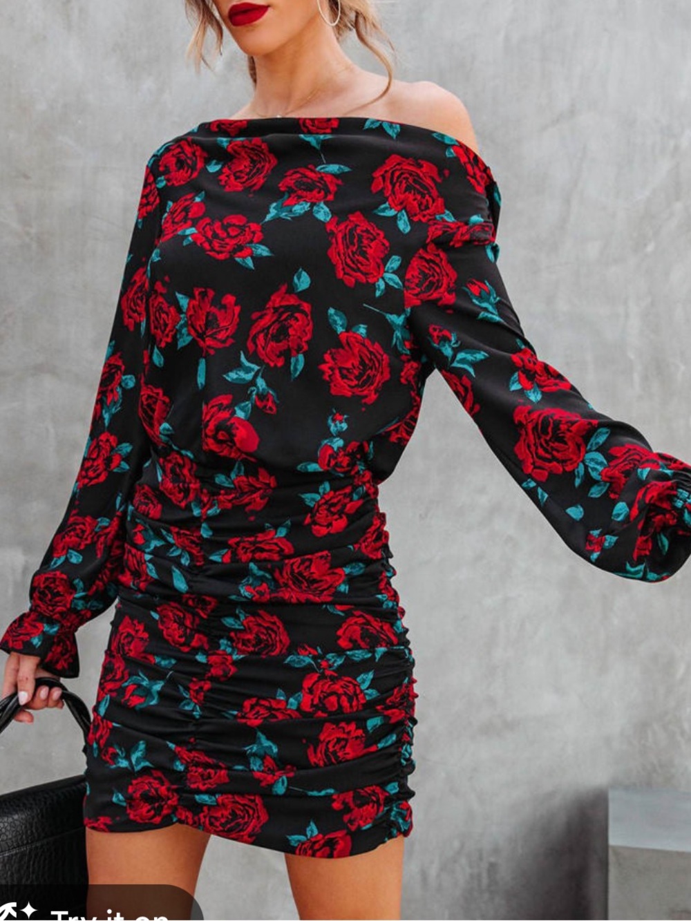 Dee Elly Floral One-Shoulder Black Dress with Red Rose Print